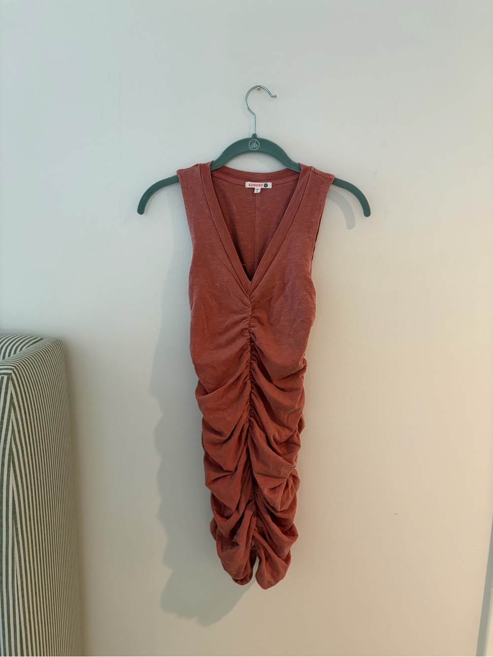 Sundry Rust Ruched V-Neck Sleeveless Dress